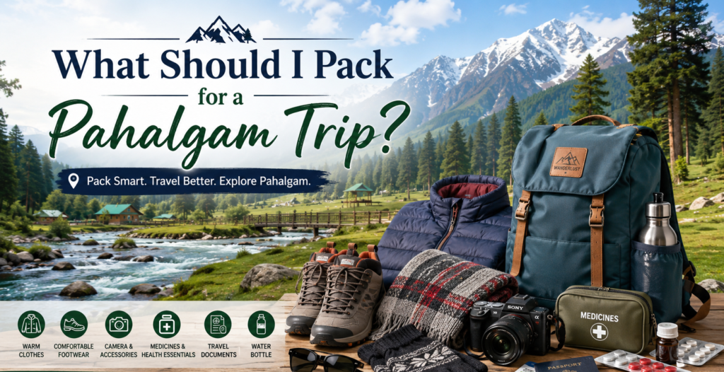 Pahalgam trip packing essentials including clothes, shoes, documents, and travel gear