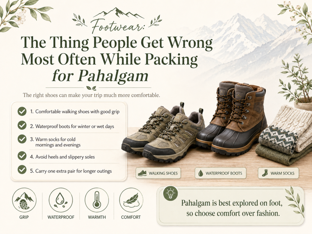 Best footwear for Pahalgam trip including walking shoes, waterproof boots, and warm socks
