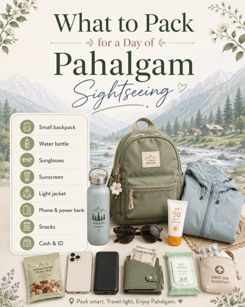 Pahalgam sightseeing day trip essentials including backpack, water bottle, sunscreen, and power bank