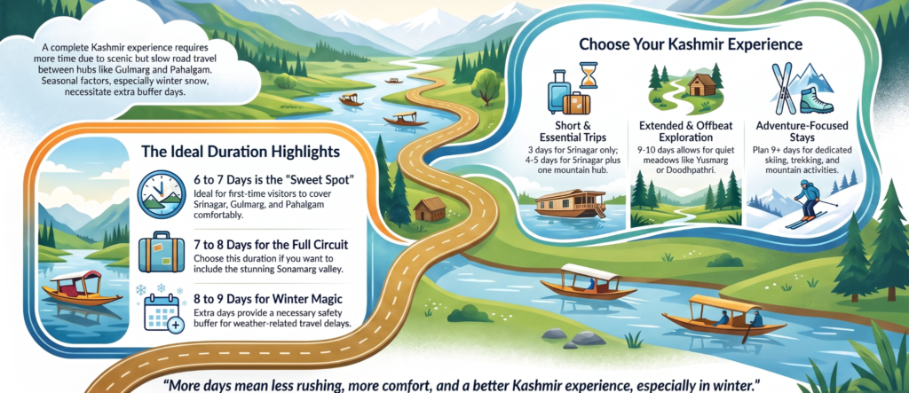 Kashmir travel duration guide showing ideal trip lengths for Srinagar, Gulmarg, Pahalgam, Sonamarg, and winter travel