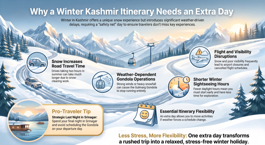 Winter Kashmir travel planning guide showing why an extra day helps manage snow, delays, and weather disruptions
