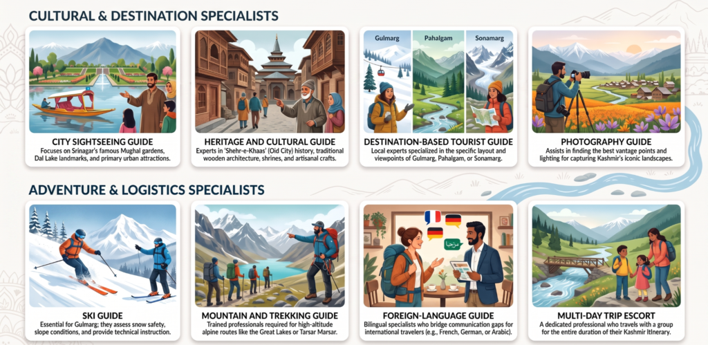 Infographic different types of local guides in Kashmir, including sightseeing, heritage, ski, trekking, photography, and language guides.